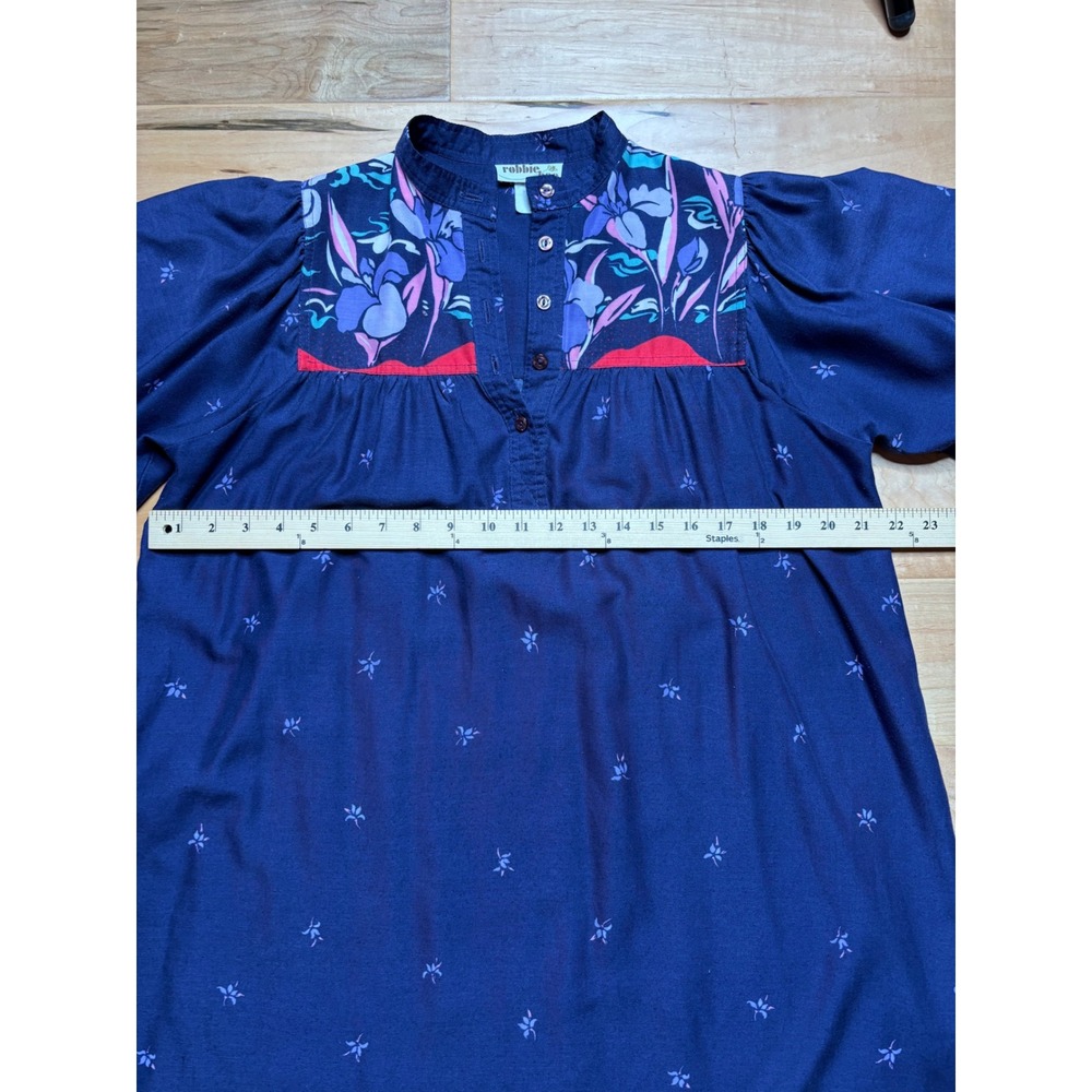 Robbie Bee Dress Womens Petite L Navy Blue Floral Border Print Puff Sleeve - Picture 9 of 13